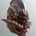 Metallic Mythical Warrior Helmet With Intricate Flame Decorations And Skull Like Face