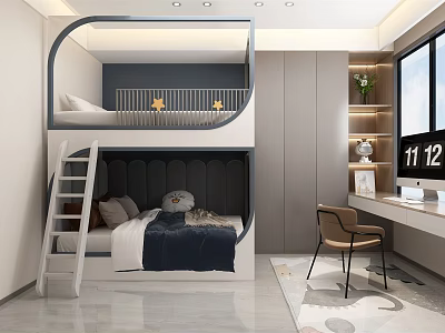 Modern Kids Room Interior With Bunk Bed Star Guardrail Lower Bed Desk Chair And Bookshelf 3d model