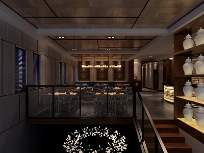 Elegant Restaurant Interior With Wooden Ceiling Chandeliers Dining Tables And Ceramic Vases 3d model