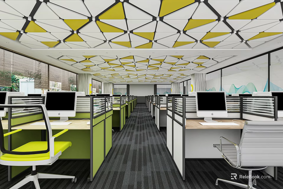 Public Office Space Featuring Geometric Yellow White Ceiling Open Workstations Desktop Computers Green White Chairs 3d model
