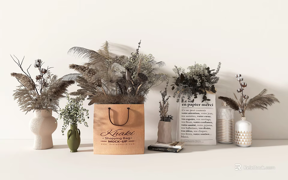 Decorative Vases With Dried Flowers Thanks Bag And Books For Natural Home Decor 3d model 