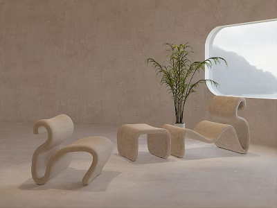 Modern Beige Curved Leisure Chair With Footstool Round Window Mountain View And Green Plant 3d model