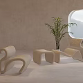 Modern Beige Curved Leisure Chair With Footstool Round Window Mountain View And Green Plant