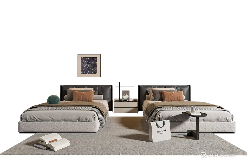 Modern Single Beds With Bedside Table And Decor Elements 3d model