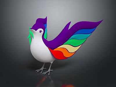 Colorful 3D Bird Figure With Purple Head White Body And Vibrant Rainbow Colored Wings 3d model