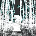 White Robed Character Standing In Red Bamboo Grove With Umbrella And Stone Lanterns