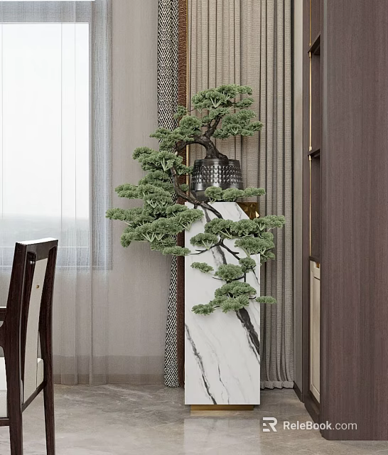Sculpture Carving On Marble Column Featuring Pine Tree Design And Metal Vase In Indoor Decor 3d model 