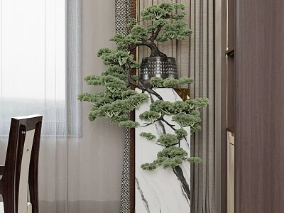 Sculpture Carving On Marble Column Featuring Pine Tree Design And Metal Vase In Indoor Decor 3d model
