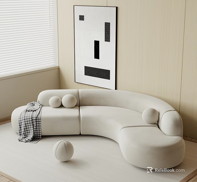 Curved Ivory Sectional Sofa with Plaid Throw Blanket Decorative Balls and Wooden Wall Panel 3d model 