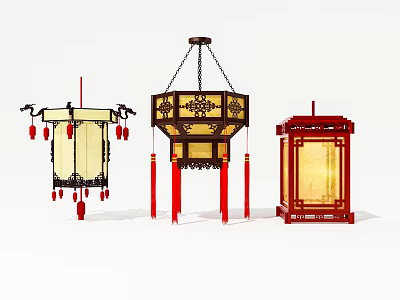 Traditional Chinese Lantern Shaped Chandeliers With Red Tassels And Carved Wooden Frames 3d model