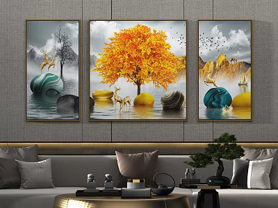 Living Room Interior Wall Art With Autumn Tree Deer And Mountain Decor 3d model