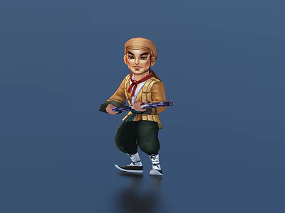 3D Game Movie Character With Brown Coat Red White Shirt Holding Sword Light Hair 3d model