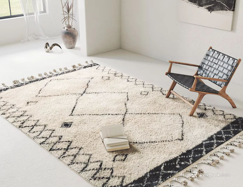 Square Cream Black Geometric Pattern Rug With Tassels And Woven Chair In Minimalist Room 3d model 