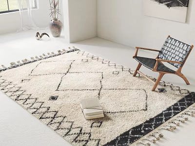 Square Cream Black Geometric Pattern Rug With Tassels And Woven Chair In Minimalist Room 3d model