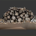 Textured Stacked Wood And Stone In Metal Frame Against Dark Background