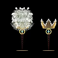 Banquet Hall Decoration with White Flower Bouquet and Golden Crown Ornament on Golden Stands