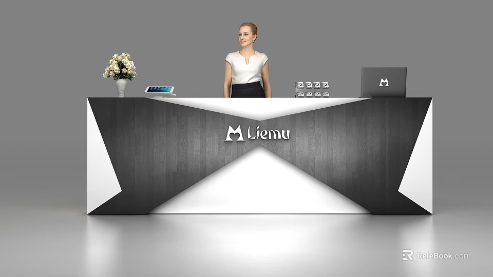 Modern Liemu Reception Desk With Geometric Wooden Design Vase Tablet And Laptop With Female Receptionist 3d model 