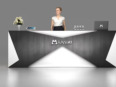 Modern Liemu Reception Desk With Geometric Wooden Design Vase Tablet And Laptop With Female Receptionist 3d model
