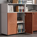 Brown White Modular File Cabinet With Perforated Design And Books Photo Frames In Bright Room