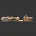 Modern Tactical Outdoor Setup With Sandbags Wooden Crate Bucket And Green Camouflage Fabric