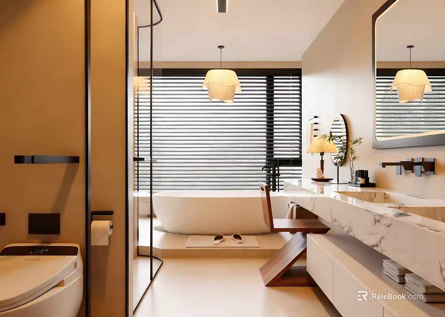 Elegant Modern Bathroom Interior With Bathtub Marble Countertop And Pendant Light 3d model 