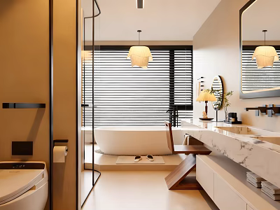 Elegant Modern Bathroom Interior With Bathtub Marble Countertop And Pendant Light 3d model