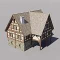 Medieval Timber Framed Building With Stone Wall Base Sloped Roof And Multiple Windows