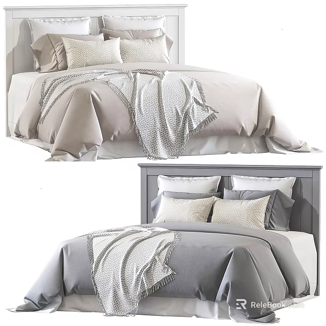 Double Bed Modern Minimalist Design with Light Gray Bedding Pillows and Striped Blanket 3d model 