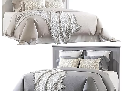 Double Bed Modern Minimalist Design with Light Gray Bedding Pillows and Striped Blanket 3d model