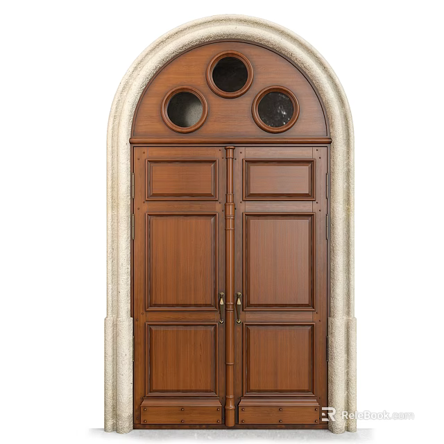 Wooden Double Doors with Arched Stone Frame and Circular Top Windows Classic Design 3d model 