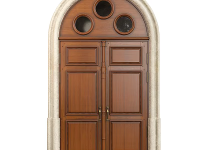 Wooden Double Doors with Arched Stone Frame and Circular Top Windows Classic Design 3d model