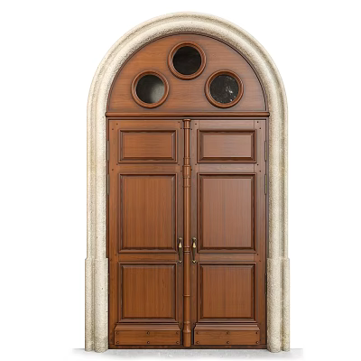 Wooden Double Doors with Arched Stone Frame and Circular Top Windows Classic Design 3d model