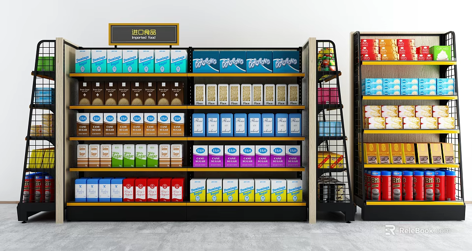 Retail Display Shelves With Various Colorful Product Packages In Modern Store 3d model 