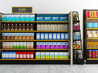 Retail Display Shelves With Various Colorful Product Packages In Modern Store 3d model