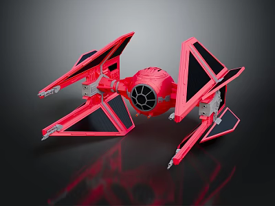 Red Cosmic Starfighter Model with Angular Black Wings and Central Engine Design 3d model