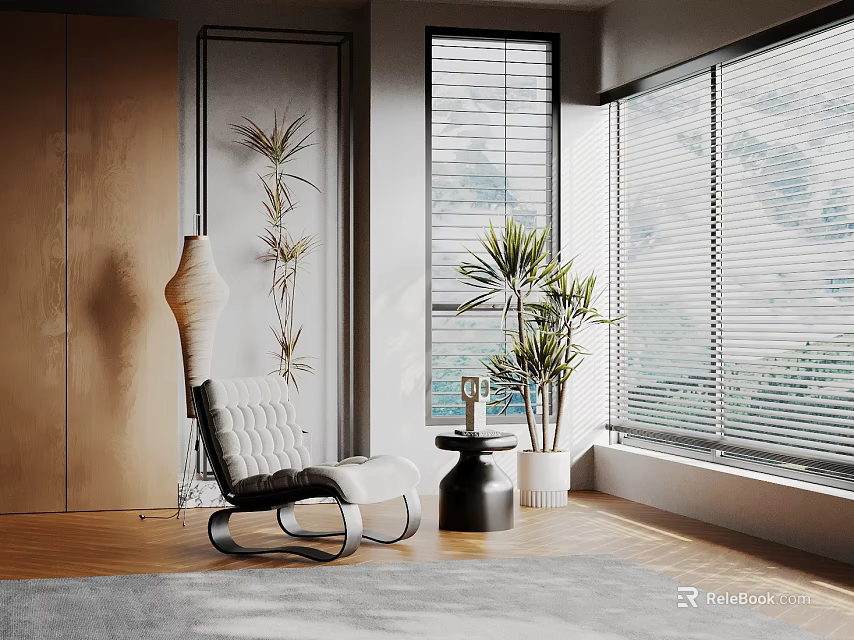 Modern Interior With Inflatable Decorative Chair Green Plants And Large Windows 3d model 
