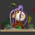 Underwater Diorama Featuring Purple Octopus Orange Diving Bell Green Plants Red Fish And Sandy Seabed