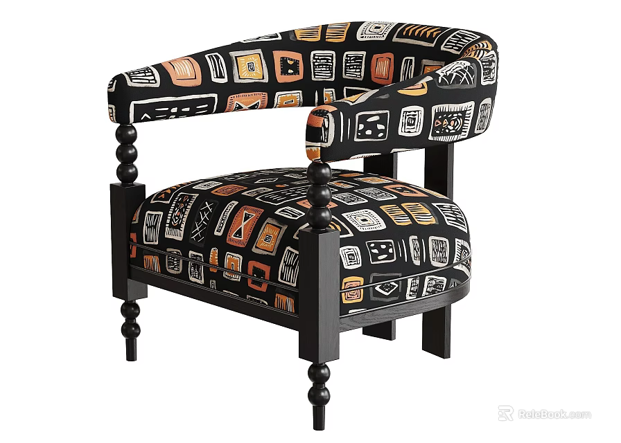 Stylish Ethnic Geometric Print Upholstered Leisure Chair With Solid Black Wood Spindle Legs For Living Room 3d model 