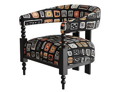 Stylish Ethnic Geometric Print Upholstered Leisure Chair With Solid Black Wood Spindle Legs For Living Room 3d model