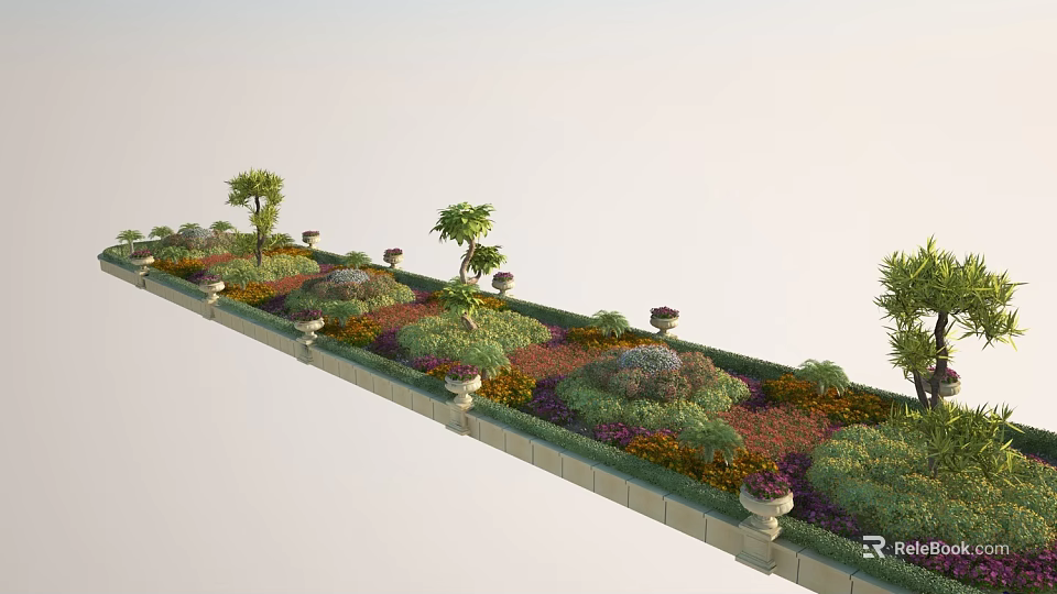 Roadside Green Belt Facilities With Various Plants Flowers Trees Stone Pots And Low Walls 3d model 