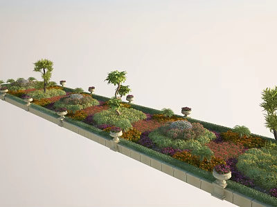Roadside Green Belt Facilities With Various Plants Flowers Trees Stone Pots And Low Walls 3d model