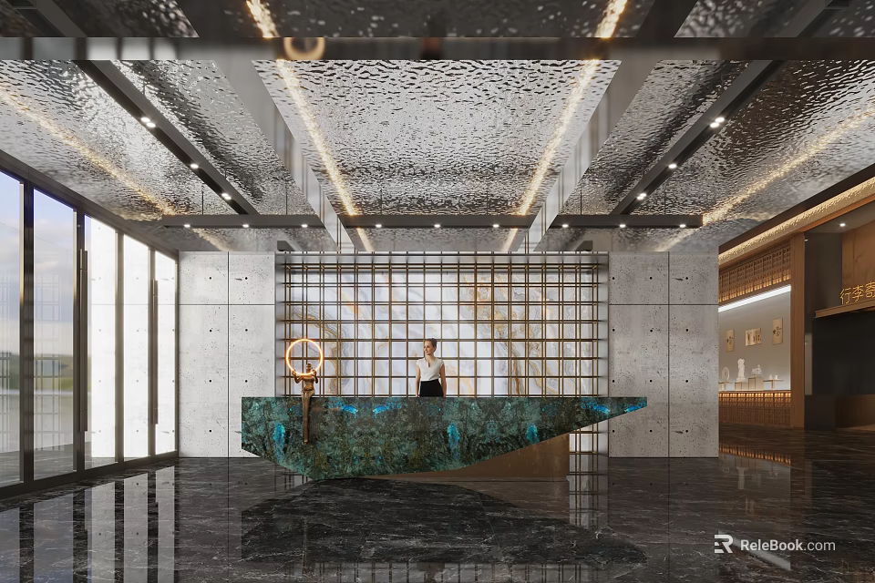Modern Hotel Lobby With Receptionist Stylish Desk Glass Walls And Marble Floor 3d model 