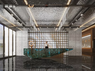 Modern Hotel Lobby With Receptionist Stylish Desk Glass Walls And Marble Floor 3d model
