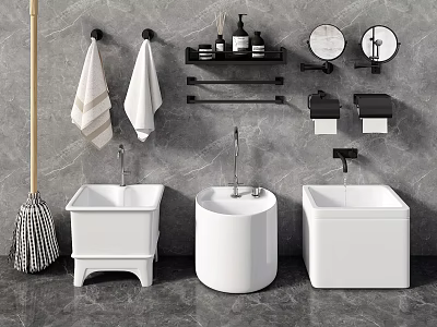 Stylish White Bathroom Washbasins With Different Designs Towels Mirrors And Shelves 3d model