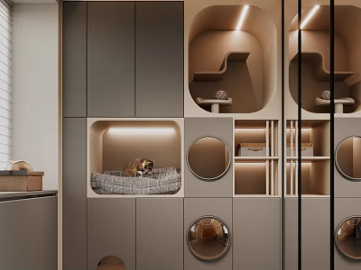 Modern Pet Friendly Interior Design With Built In Dog Bed Storage And Round Mirrors 3d model