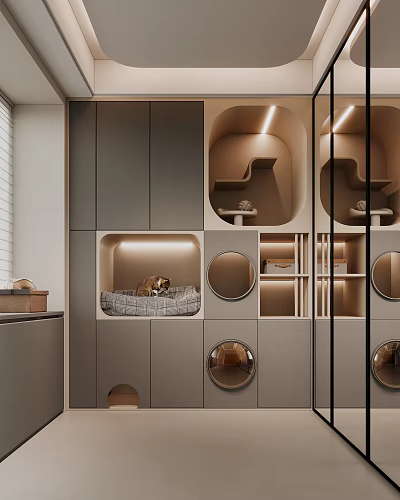 Modern Pet Friendly Interior Design With Built In Dog Bed Storage And Round Mirrors 3d model