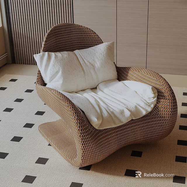 Modern Brown Woven Rattan Leisure Chair With White Cushion And Soft Seat Pad 3d model 