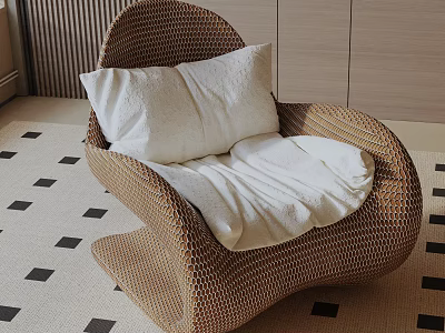 Modern Brown Woven Rattan Leisure Chair With White Cushion And Soft Seat Pad 3d model