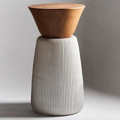 Modern Side Table With Wooden Top And White Ribbed Ceramic Base Design 3d model