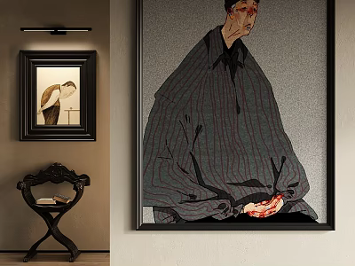 Seated Figure Portrait Painting With Striped Cloak In Framed Wall Art Interior 3d model